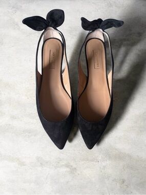 Aquazzura Black Suede Pointed Slingback Flats with Bow Accent